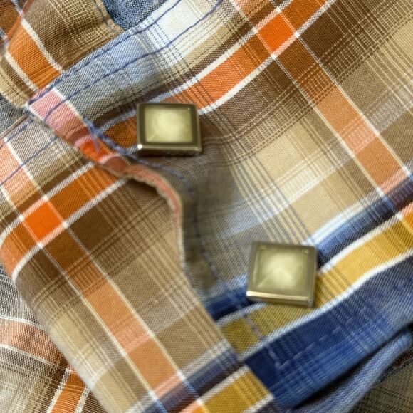 LARRY MAHAN Men's XL Plaid L/S Square Pearl Snap Western Cowboy Blue/Brown - Picture 2 of 9